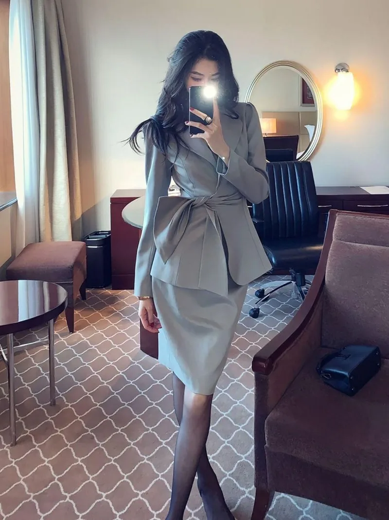 

New High End Korean Fashion Grey Women's Suit Elegant Lace-up Bow Slim Waist Long Sleeve Jacket + Slim Mini Skirt Two Piece Set