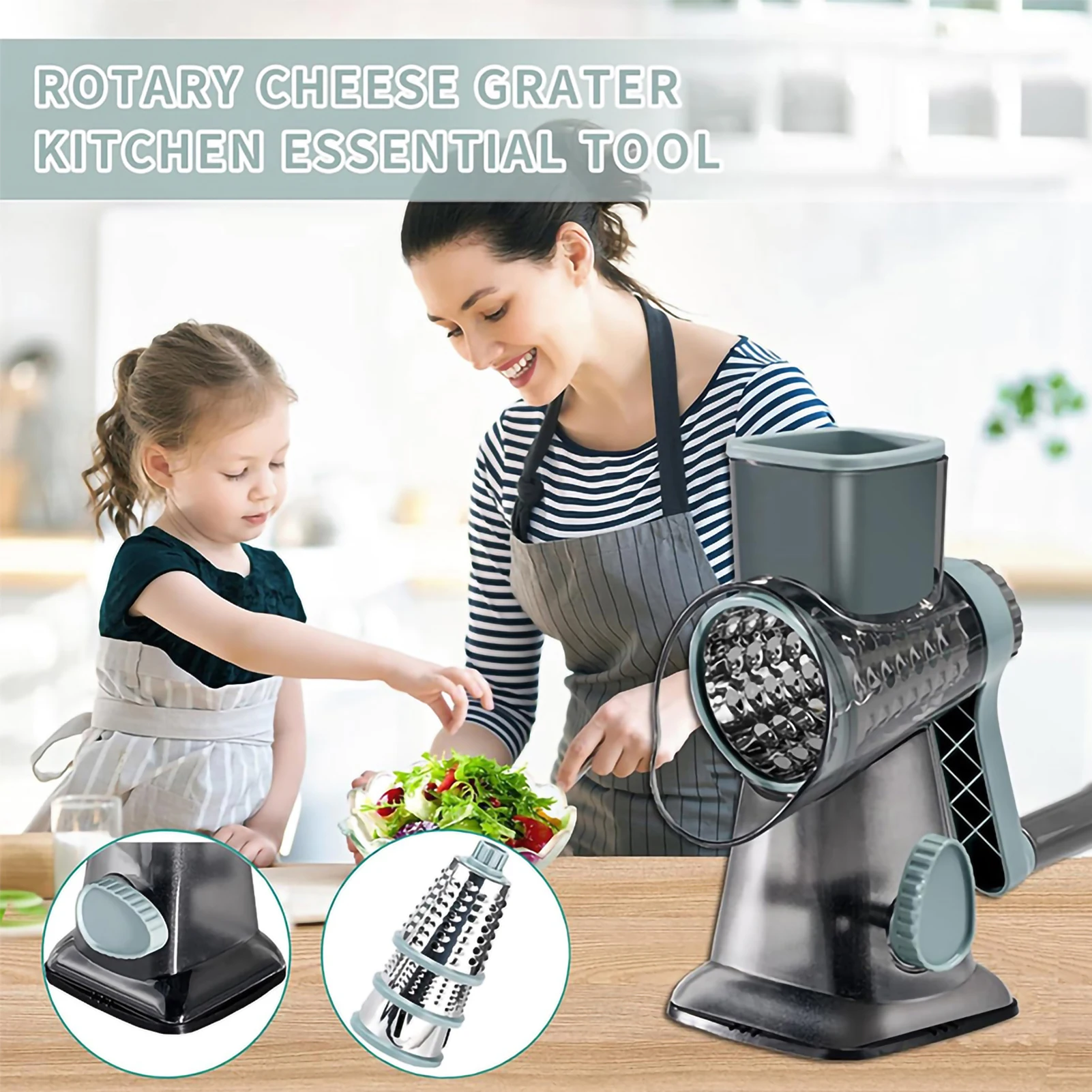 Rotary Cheese Grater Multi-Function Manual Vegetable Slicer Peanut Nuts Grinder with 3 Rollers Clear Fruit & Vegetable Shredder