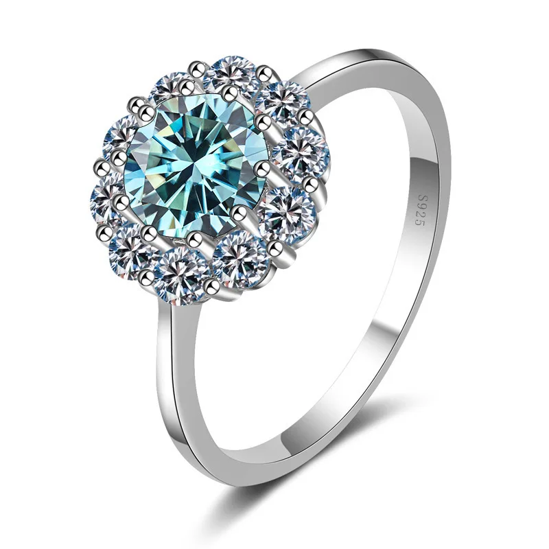 Rount Cut Flower Shape 1ct blue green Moissanite Ring S925 Silver Elegant Style Engagement Bride Wedding Gift us size 5-9