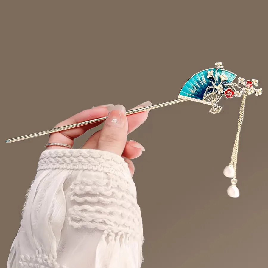Chinese Ancient Fan-shaped Hairpin Oil Painting Flower Side Clip Temperament Pearl Tassel Hairpin Cheongsam Hanfu Accessories