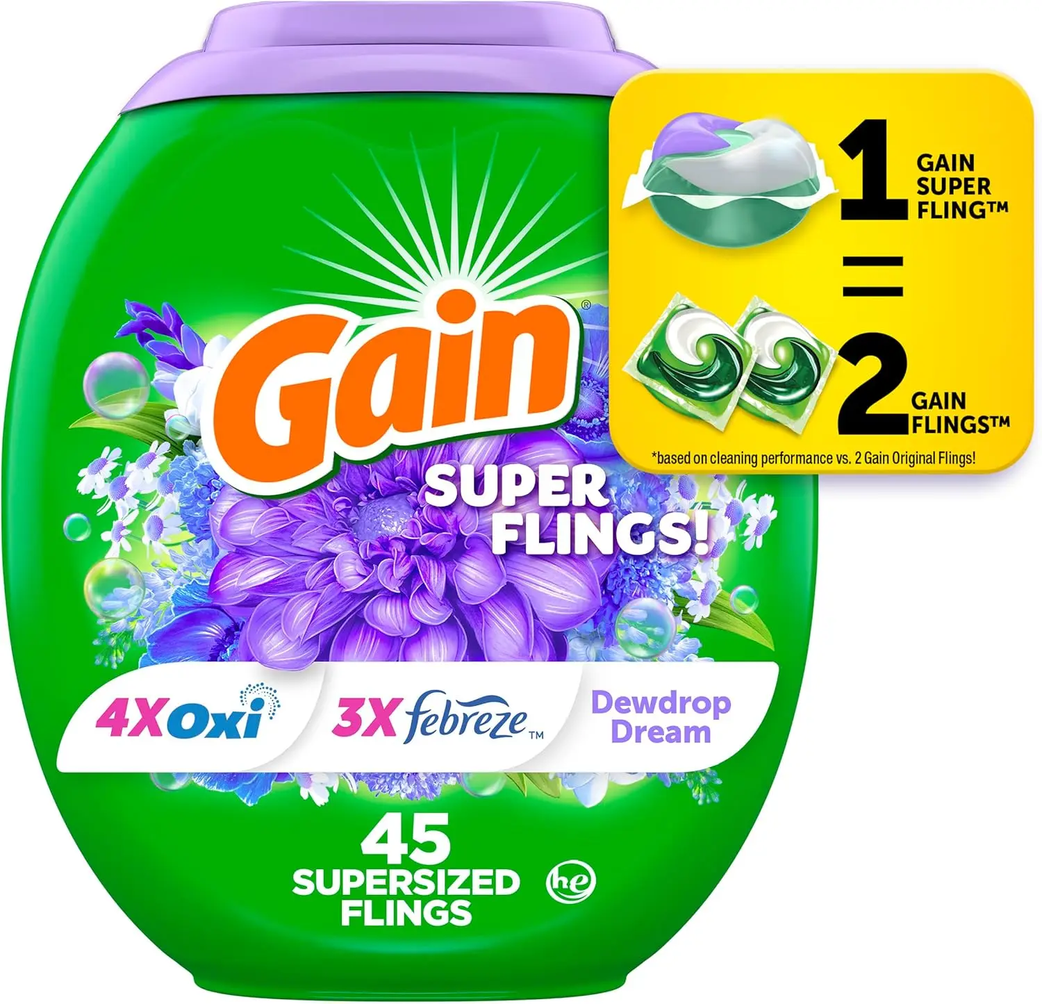 

Laundry Detergent Pacs, 45 Count, Dewdrop Dream, 4X Oxi Cleaning Power, Supersized for Fresh Wash