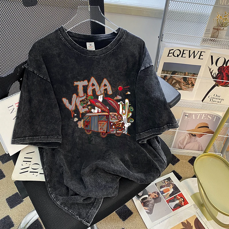 

Waed Cotton ort Sve T-irt Women Loose Couple Tops Summer New Sle Korean Version Creative Print round Ne Mid-Length