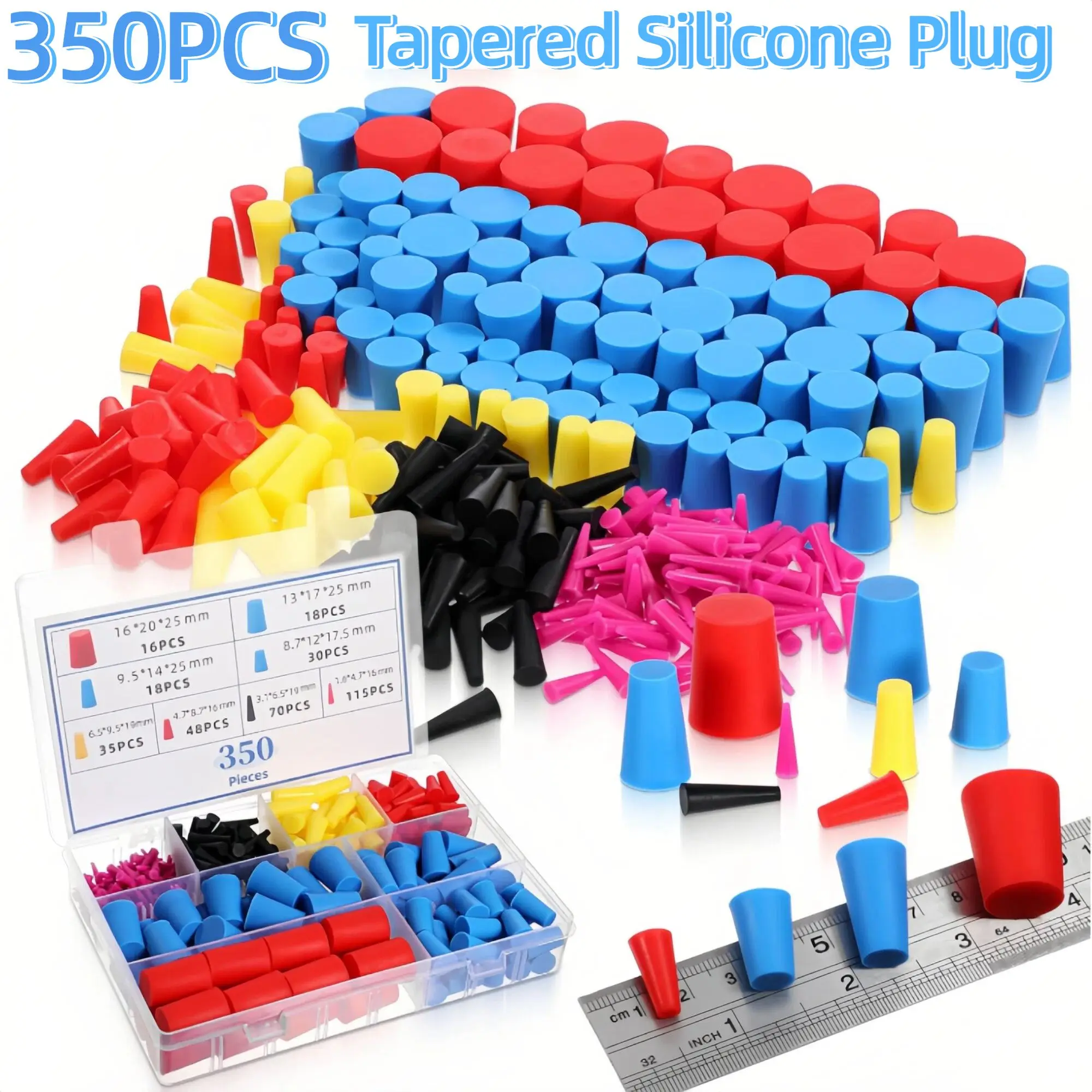 

350 Pcs Silicone Plugs 9 Sizes 1/16inch to 1inch High Temp Resistant Silicone Tapered Plug Kit for Coating Painting Protection