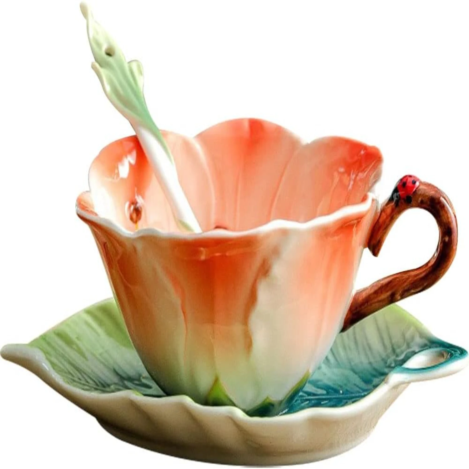 Sunflower 3D Ceramic Coffee Mug and Saucer Set with Spoon - Vintage Floral Tea Cup with Decorative Handle - Unique Birthday, Wed