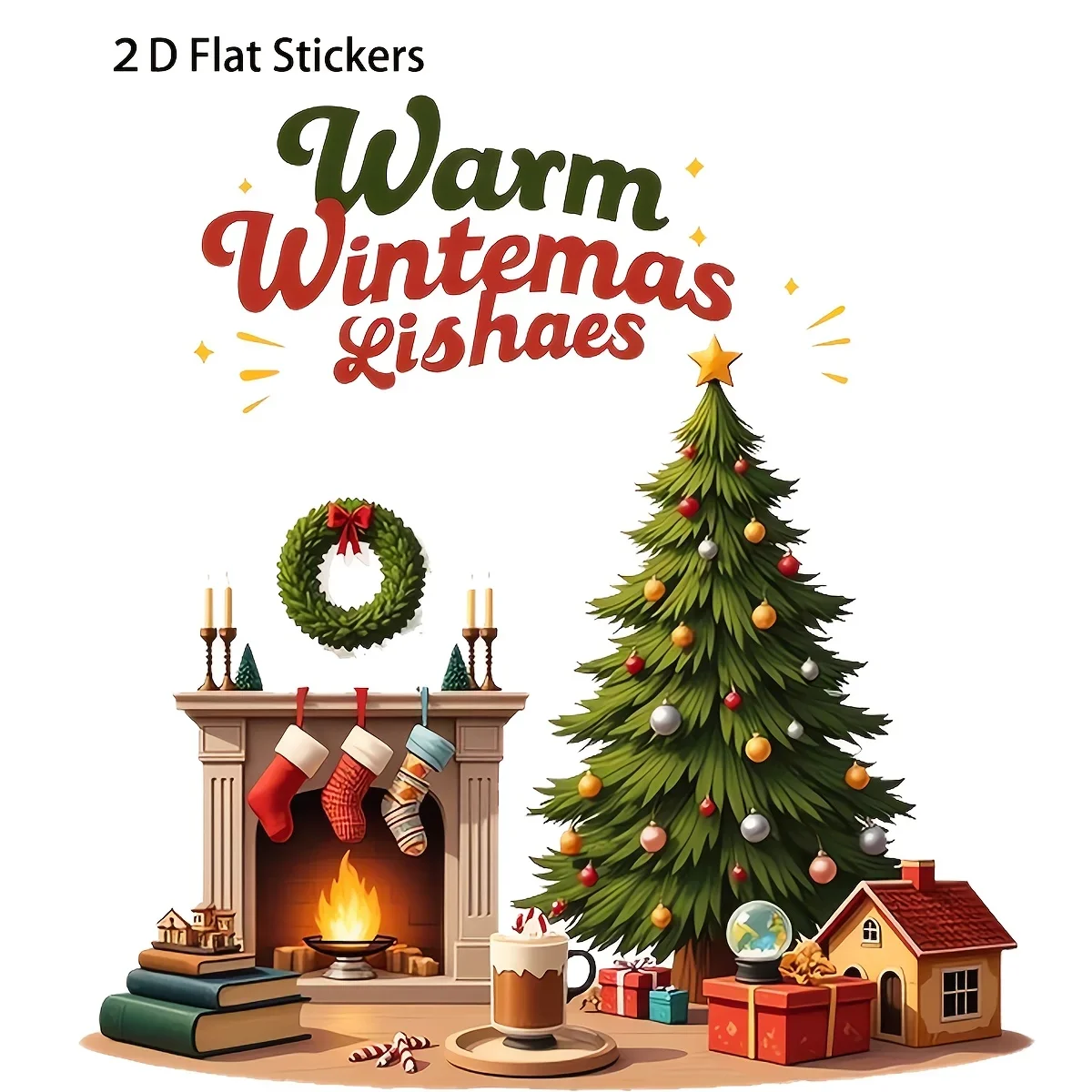 

1PC "Lively Christmas Fireplace - Tree 2D Flat Sticker for Vehicle Styling & Decor" Sticker, Suitable for Bike Frames, Luggage,