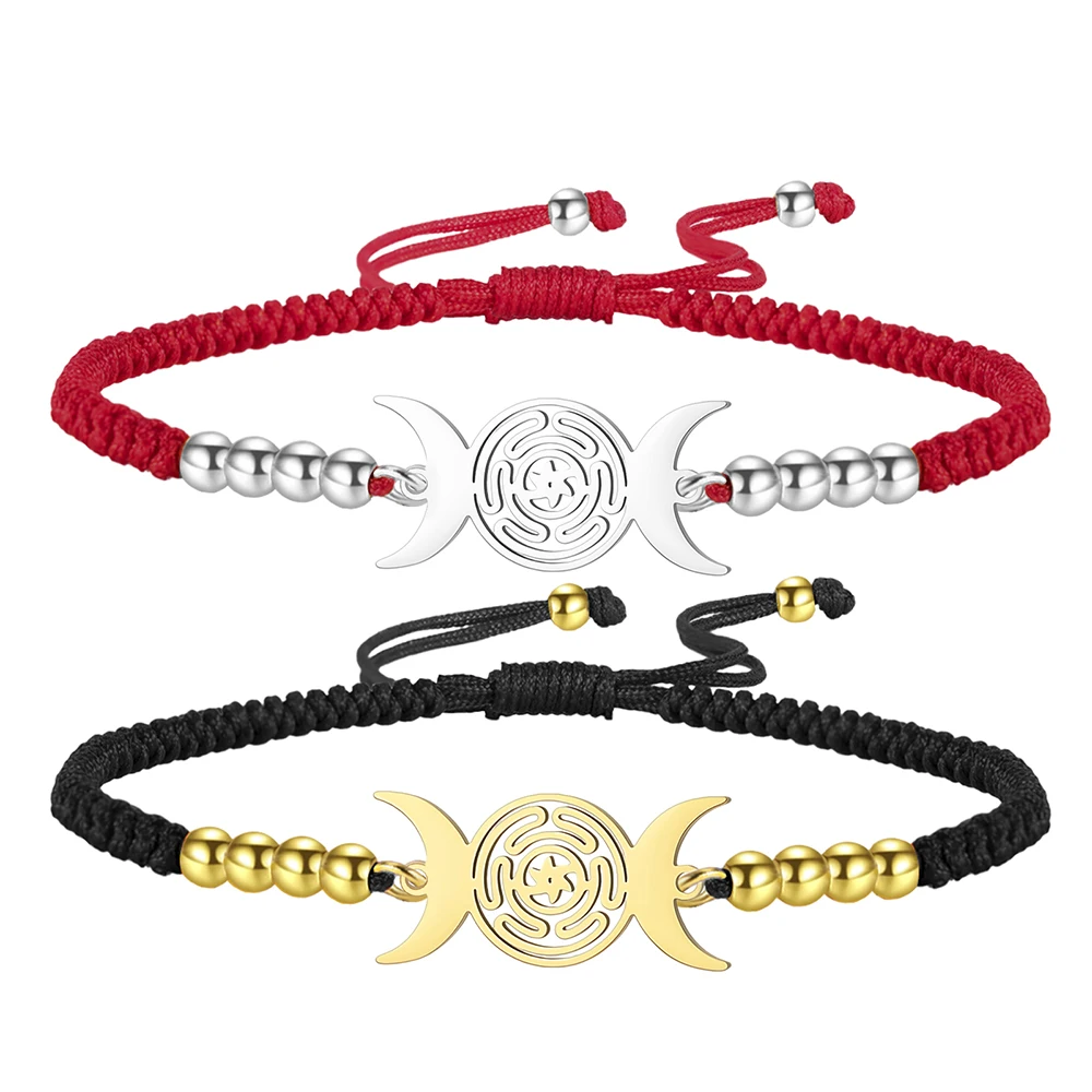 Dawapara Hecate Bracelet Wicca Triple Moon Goddess Wheel of Hecate Charm Adjustable Rope Chain Stainless Steel Jewelry