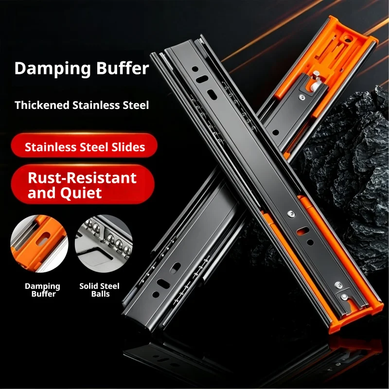 Stainless Steel Drawer Slides Damping Buffer Slides Household Silent 3 Section Thickened Slides Heavy Duty Guide Rail