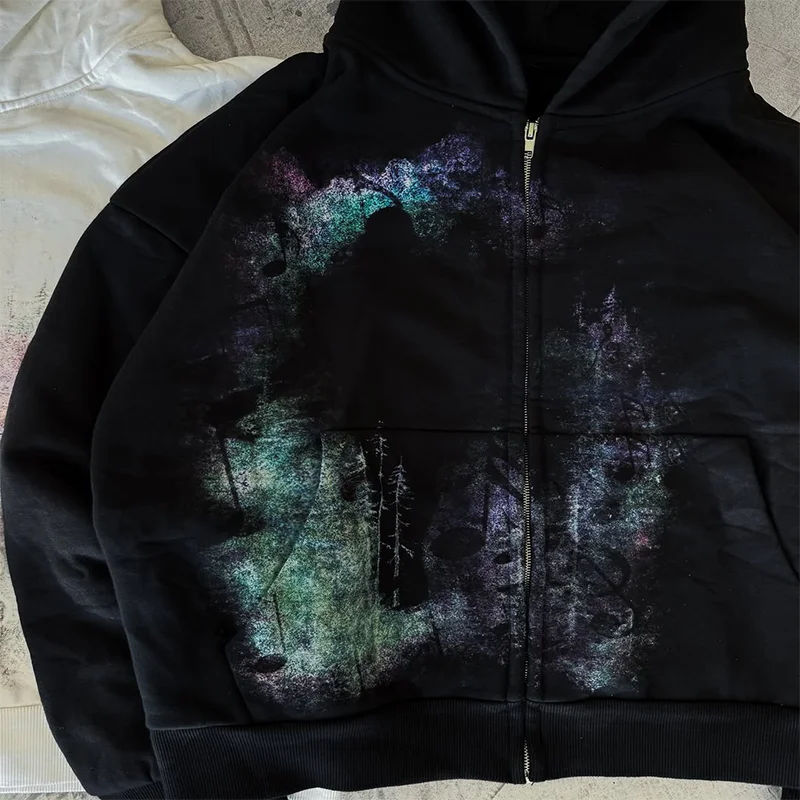 Y2K هوديي فضفاض غير رسمي طباعة المناظر الطبيعية الفنية موضة كم طويل زمم هوديي الرجال النساء خمر الشارع الشهير البلوز #4