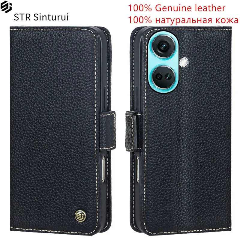 

STR Genuine lychee grain leather card Slot Wallet Cover For OnePlus Nord N30 N20 SE CE 2 Lite N200 5G N300 Flip phone Case