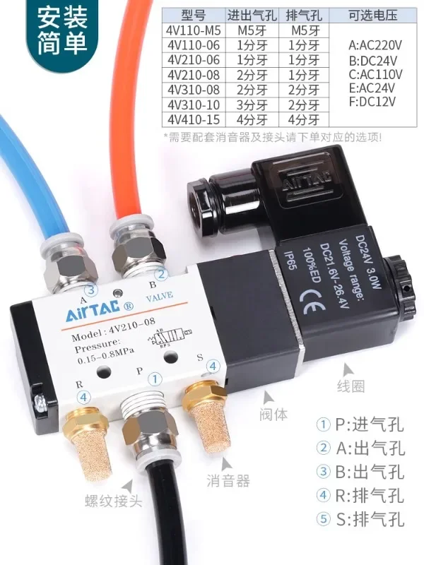 Pneumatic solenoid valve 4V210-08 directional valve 220V coil control val-ve 24V electronic air va lve 12V