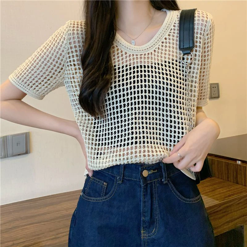 Summer Thin Hollow Out Short Sleeve Women T Shirts O Neck With Black Suspenders Fashion All-match Sexy Sweet Oversized Crop Top