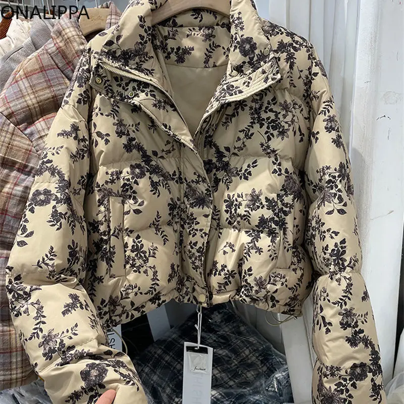 Onalippa Flowers Printing Quilted Coat Turtleneck Zip Up Straight Loose Winter Clothes Women Korean Contrast Drawstring Jackets