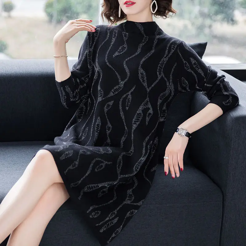 Moda abito longuette lavorato a maglia di seta brillante abbigliamento femminile Casual mezzo collo alto 2023 autunno inverno abiti dritti larghi