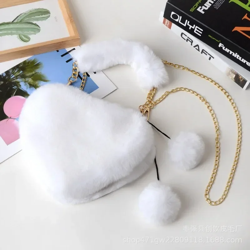 

2025 Net Red Fashion Plush Heart-shaped Bag Female Handbag Diagonal Clutch Peach Heart Heart Love Imitation Wool Coin Purse