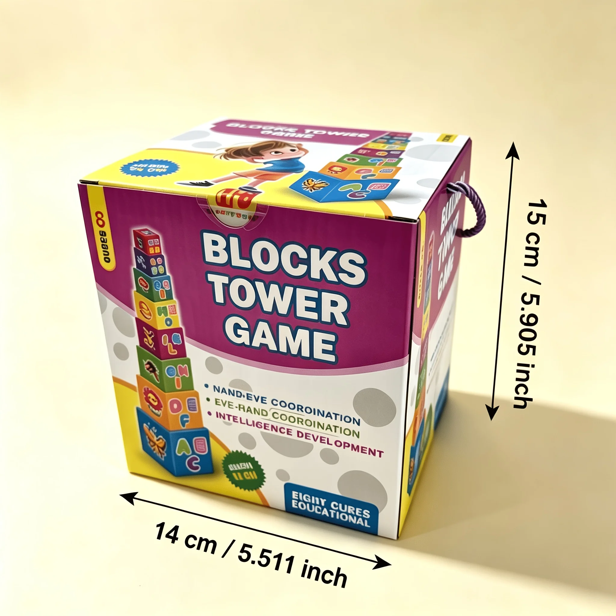 Portable, stackable building blocks featuring letters and patterns to enhance recognition skills and promote hand-eye coordinati