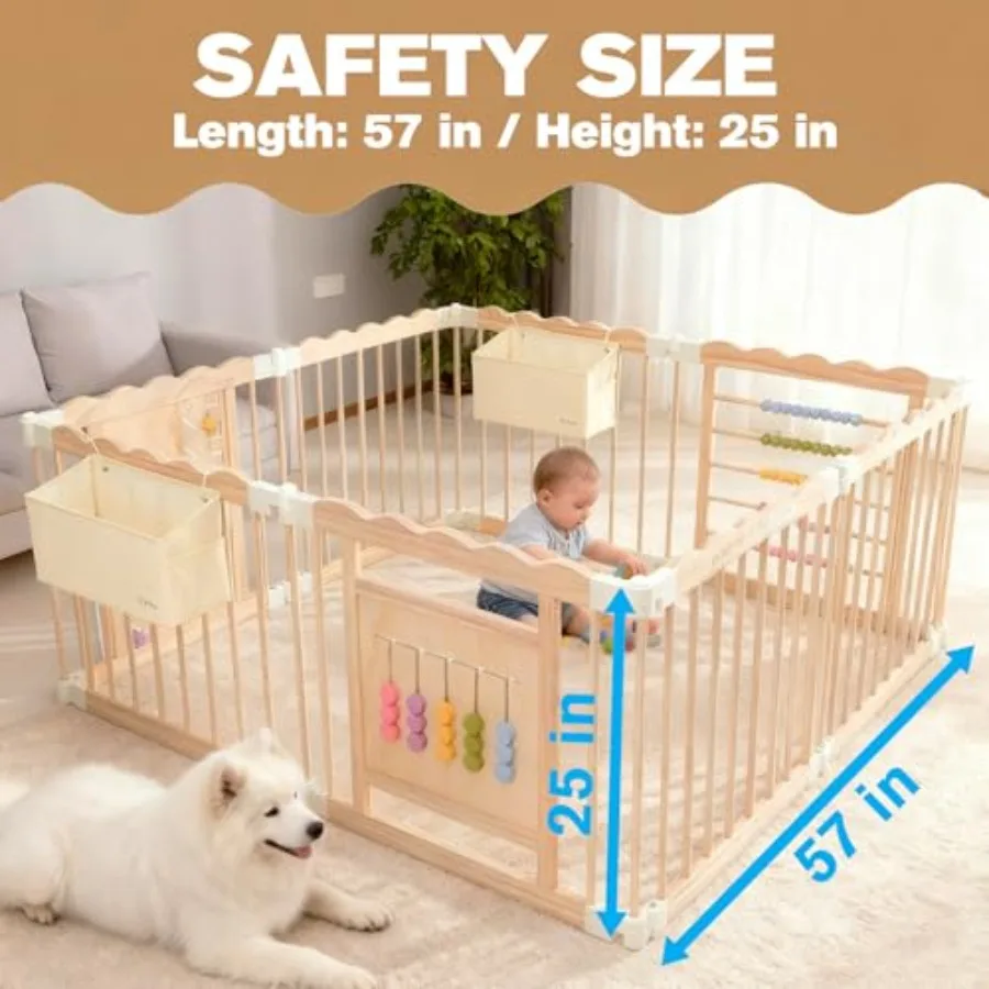 روضة أطفال 57 × 57 × 25 مقاس قابل للتعديل وشكل روضة أطفال خشبية مع أكياس تخزين من خشب الصنوبر الطبيعي قابلة للطي P