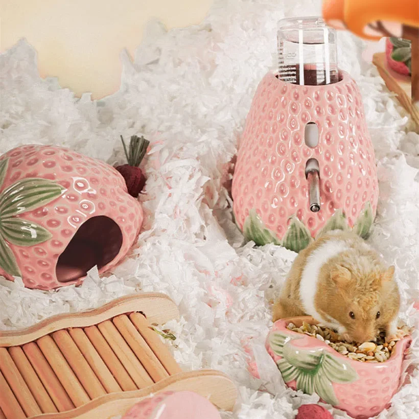 2027 Cute Ceramic Strawberry House Pet Items Hamster Cage Small Pet Bowl For Rabbit Ferret Rat Chinchilla Hedgehog Pet Products