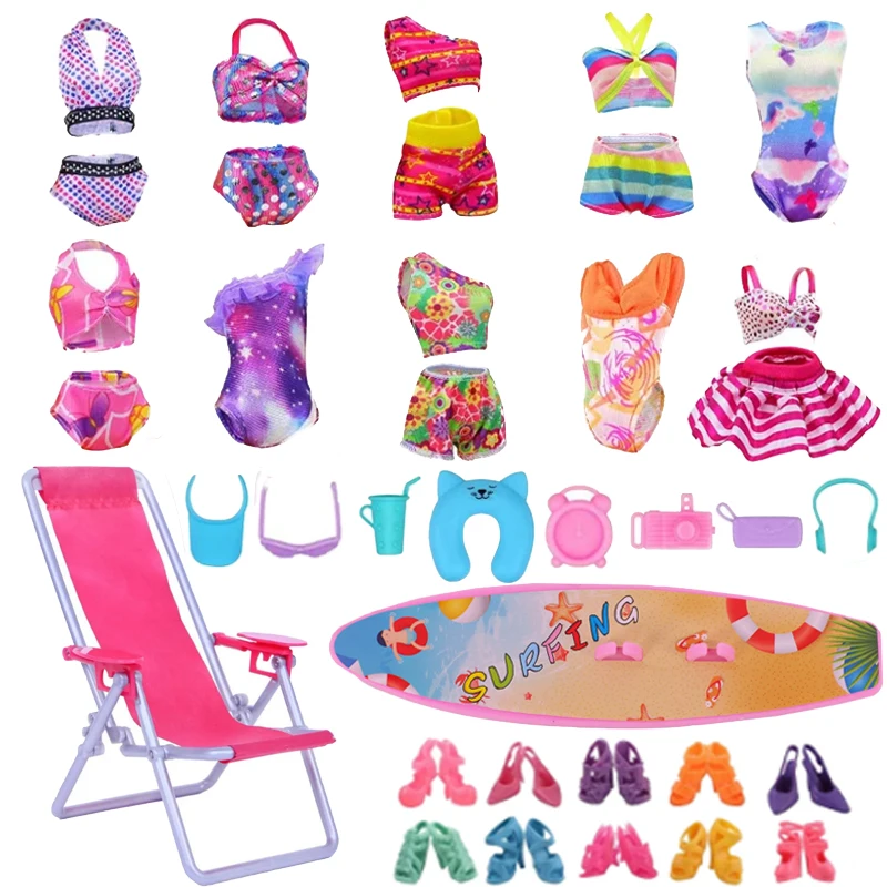 Miniature 24 Items 30cm Doll = 4 Swimsuit + 1 Skateboard + 1 Beachchair + 8 Travel Accessories + 10 Shoes for Barbie Princess