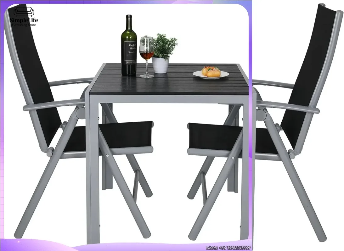 3 Piece Outdoor Dining Set Patio Table and Chairs Garden Backyard Poolside Deck Furniture with 2 Textilene Folding Chairs