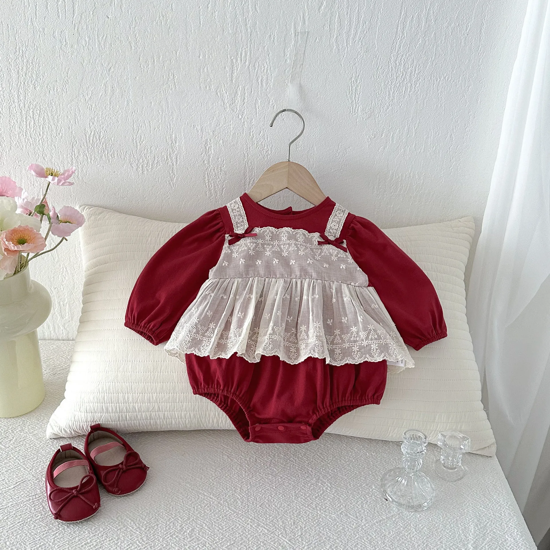Newborn Baby Girl Clothes Spring and Autumn Style Lace Jumpsuit Princess Red Kids Outwear Beautiful Rompers