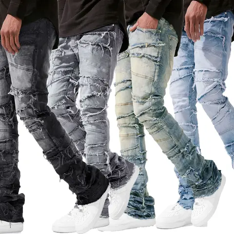 2025 새로운 쌓인 청바지 남성 패치 워크 스플 라이스 데님 찢어진 워시 닳은 바지 남성 streetwear 남성 술 오토바이 청바지