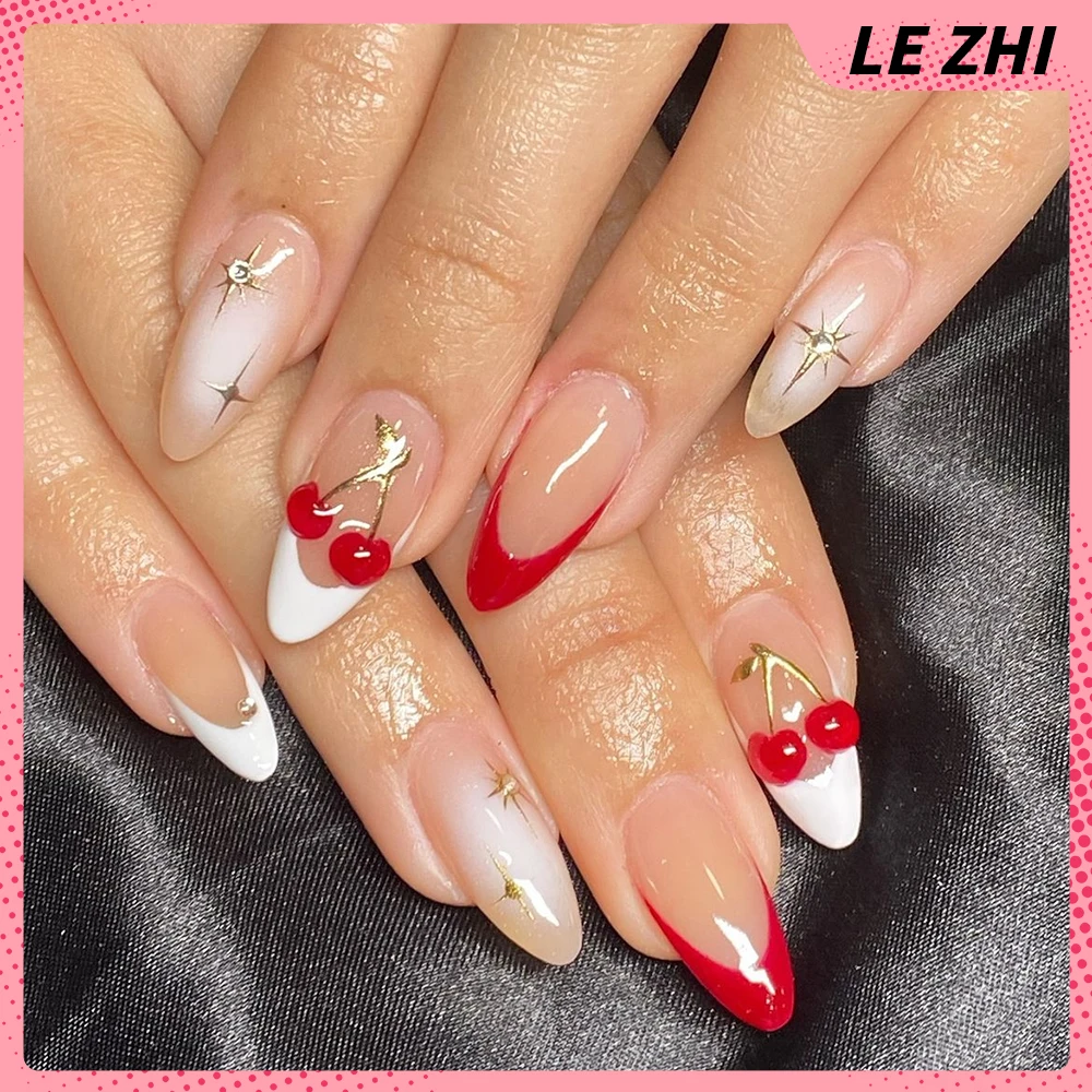 

French Short Almonds Press On Nails Party Sticker Nude White Red Cherry Ballerina Gel High Quality Handwork Nails Salon Sticker