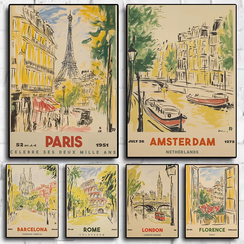 Vintage 1950s Travel City Landscape Sketch Paris Barcelona London Aesthetic Poster Canvas Painting Wall Art Pictures Home Dec