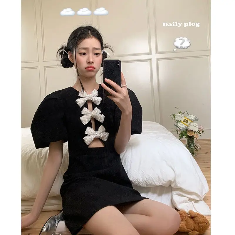 Korean Fashion Round Neck Heavy Industry Nail Bead Bow Bubble Sleeve Black Dress Playful and Cute Dresses Female Clothing