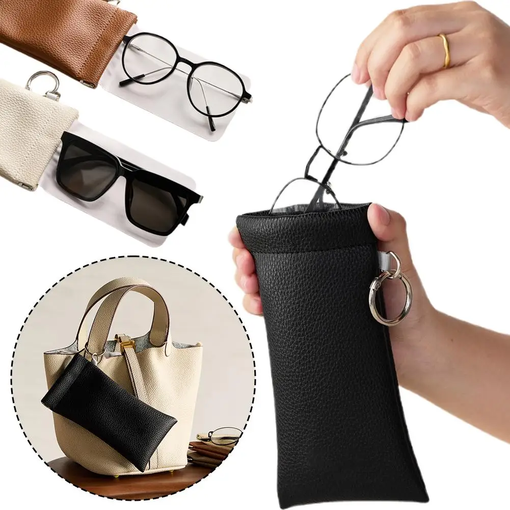 Estojo Portátil de Couro PU para Óculos com Fecho Automático e Gancho Antiperda, para Óculos de Sol, Batom, Maquiagem e Fones de Ouvido