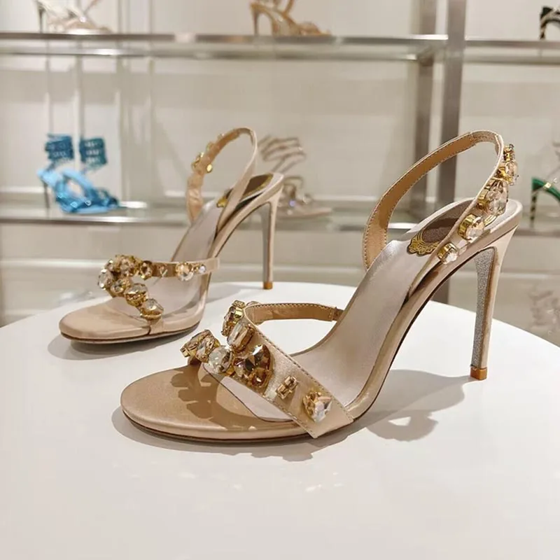 فستان أحذية حجر الراين ديكور حزام مطاط رقيقة عالية الكعب Sandalias النساء الأفعى على شكل التشابك الصنادل الصيف أحذية الحفلات