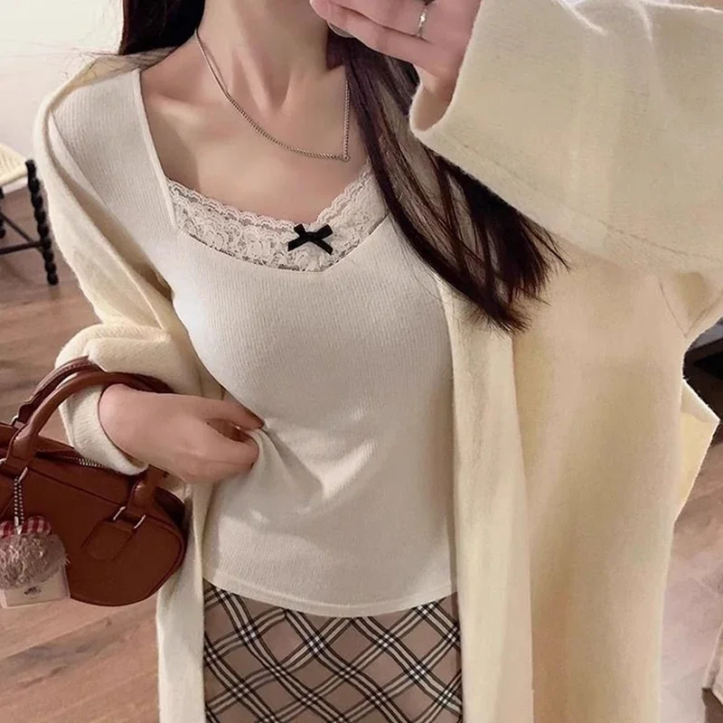 المرأة طويلة الأكمام قمم المحاصيل الدانتيل خليط ، المحملات النسائية ، الدافئة ، الحلو نمط Preppy ، أنيقة ، الأزياء الكورية ، الخريف ، الشتاء ، جديدة