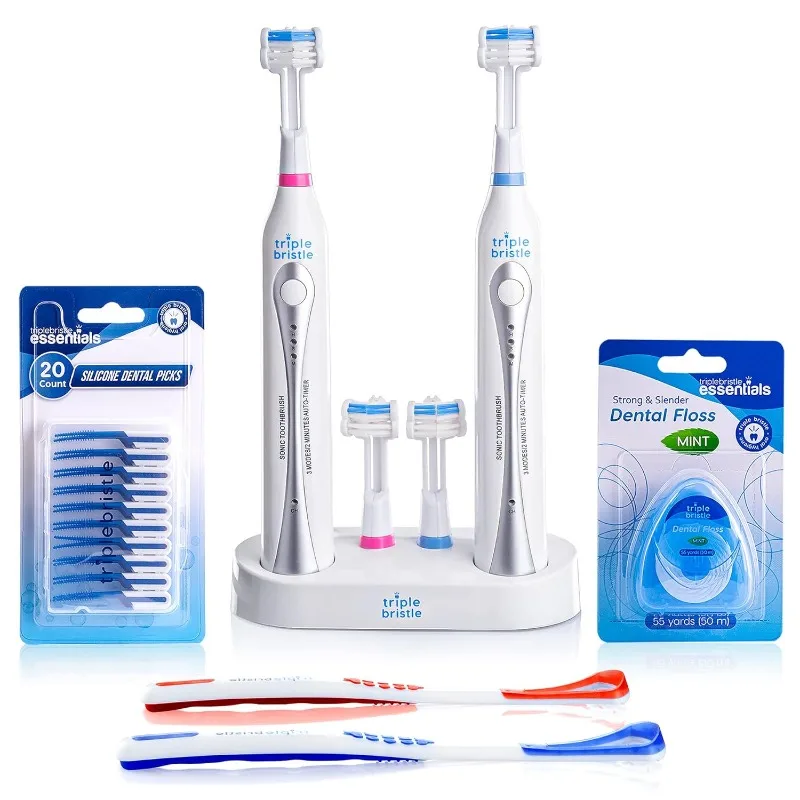 

Triple Bristle Sonic Duo | 2 Electric Toothbrushes with Dual Charging Station Patented 3 Head Design | 31,000 VPM, Rechargeable