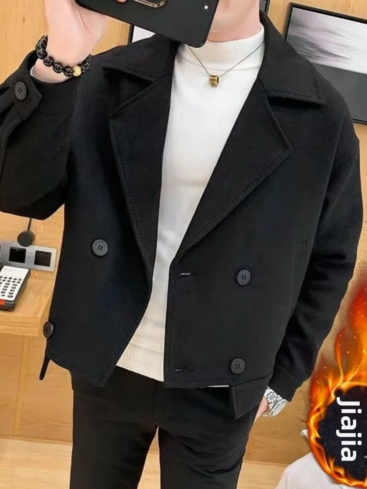 

Мужское двубортное шерстяное пальто, осень-зима, модное корейское свободное свободное пальто-ветровка, молодежное повседневное пальто