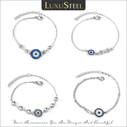 LUXUSTEEL CZ Evil Eye Bracelet Women Men Silver Color Stainless Steel Colorful Stone Cubic Zirconia Turkey Jewelry Adjustable