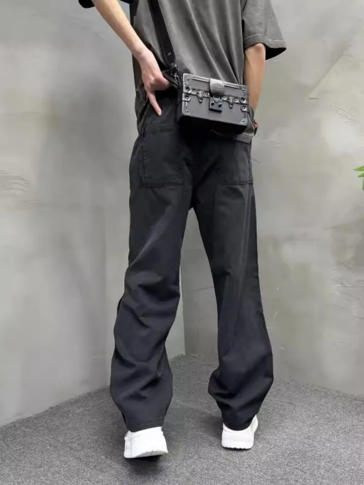 Moda para hombre pantalones vaqueros negros con cordón primavera otoño Casual Pantalones rectos ropa informal suelta Hip Hop pantalones vaqueros de pierna ancha