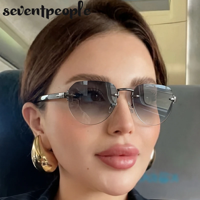 

Y2K Punk Oval Rimless Pilot Sunglasses Women 2026 Luxury Brand Fashion Metal Square Travelling Sun Glasses Lady Outdoor Shades
