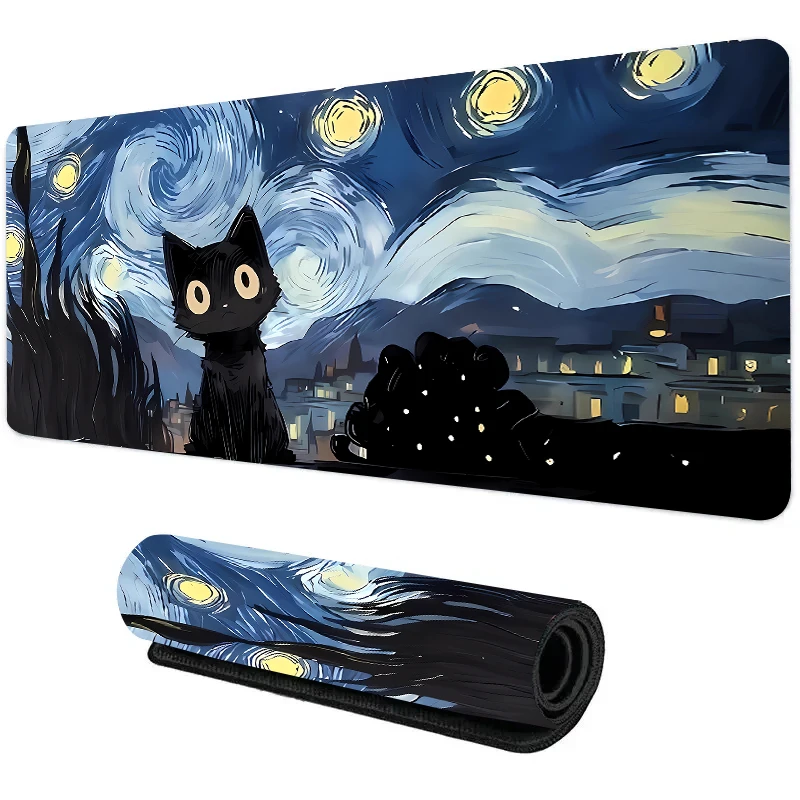 Starry Night Cat Mouse Pad Van Gogh Painted Large Game Keyboard Pads XXL Soft Desk Mats Office Study and Gamer Computer Mousepad