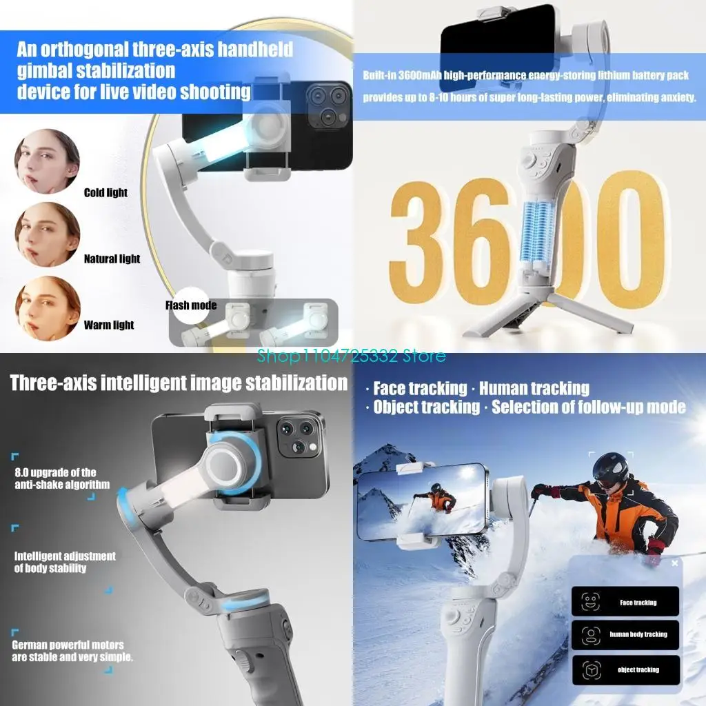 P5EA AntiVibration Handheld Gimbals Stabilizers With 3Axis Balance 9Level Fill Light