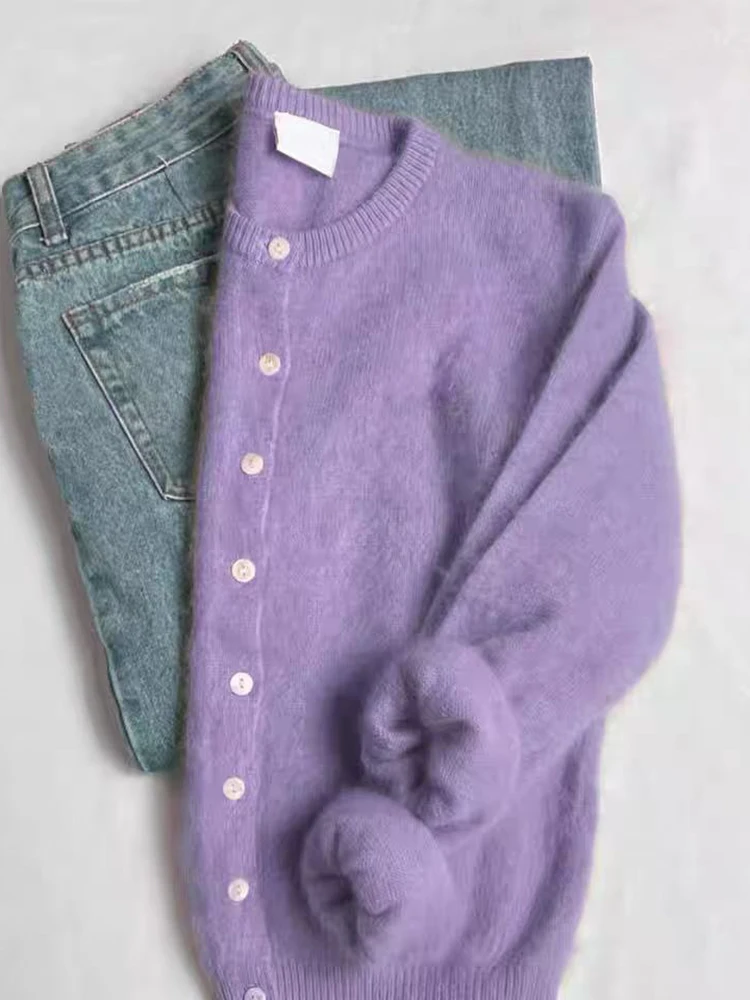 เสื้อคลุมคาร์ดิแกนไหมพรมผู้หญิงแฟชั่นฤดูใบไม้ร่วง กระดุมแถวเดียว คอทรงโอ สไตล์เกาหลี เรียบง่าย ทรงเข้ารูป แขนยาว