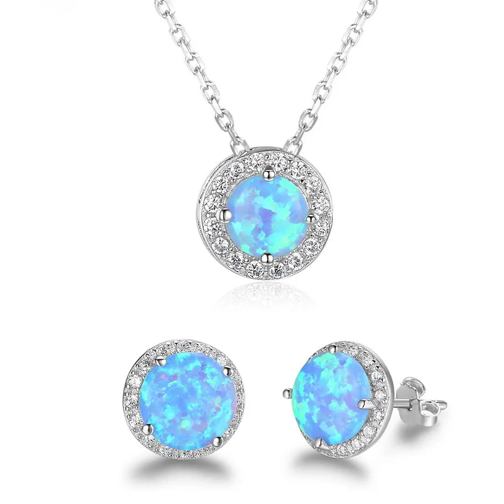 Luxury 925 Sterling Silver Round Opal Stone Jewelry set for Women Wedding Bridal Earrings Necklace cute girl Jewelry