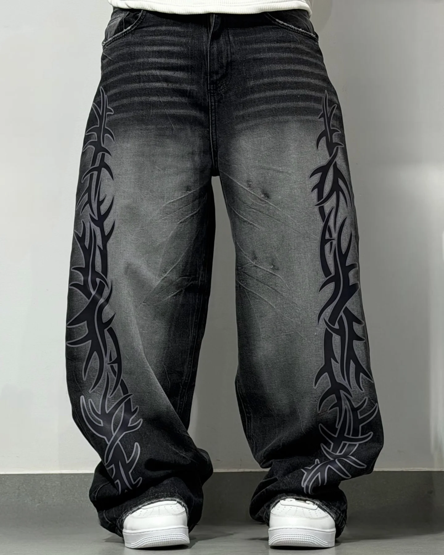 

Корейские мужские винтажные прямые джинсы с контрастным принтом Totem High Street 202, широкие повседневные брюки Harajuku Y2K Trend