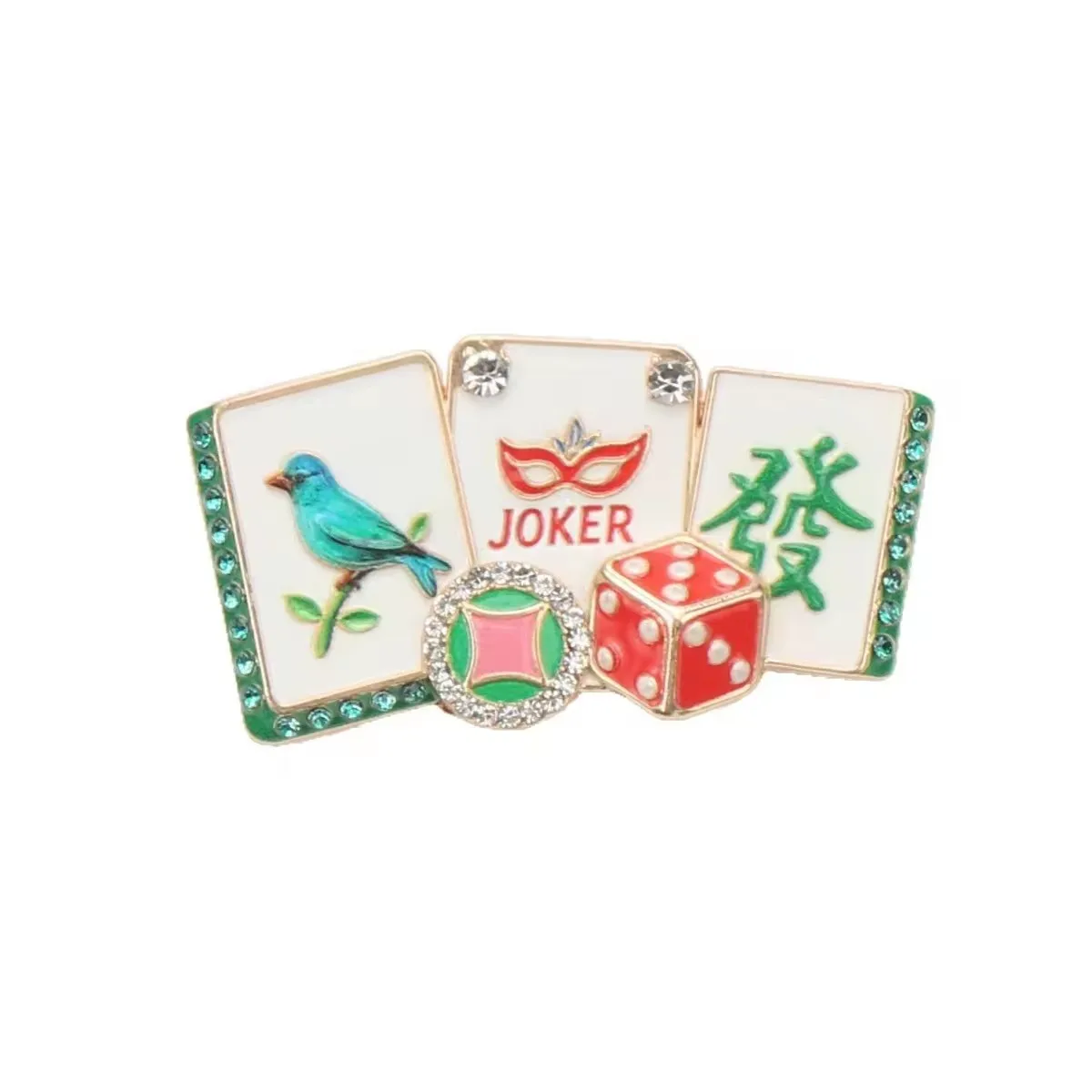 Alloy Brooch Rhinestone Pin Mahjong Zhong Fa Flower Tiles Lucky Number 5 7 Lapel Pin Clothing Jewelry Gift