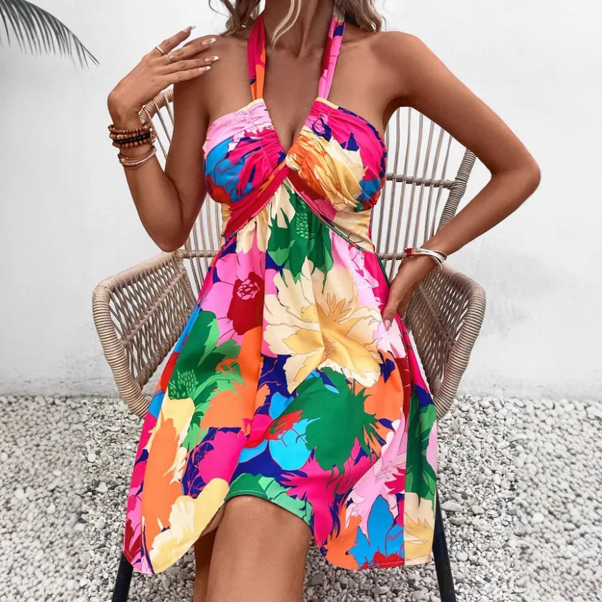 

Temu Vacation Style Tropical Printed Backup Strap Hanging Neck Strap Dress Lace Women's 2025 Summer Dress Robe Vestido Women