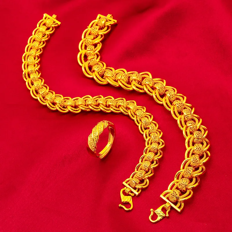 

Мужской браслет-цепочка для часов из 24-каратного золота (AU999) | Граненые звенья, филигранные мотивы Taotie с обсидианными акцентами