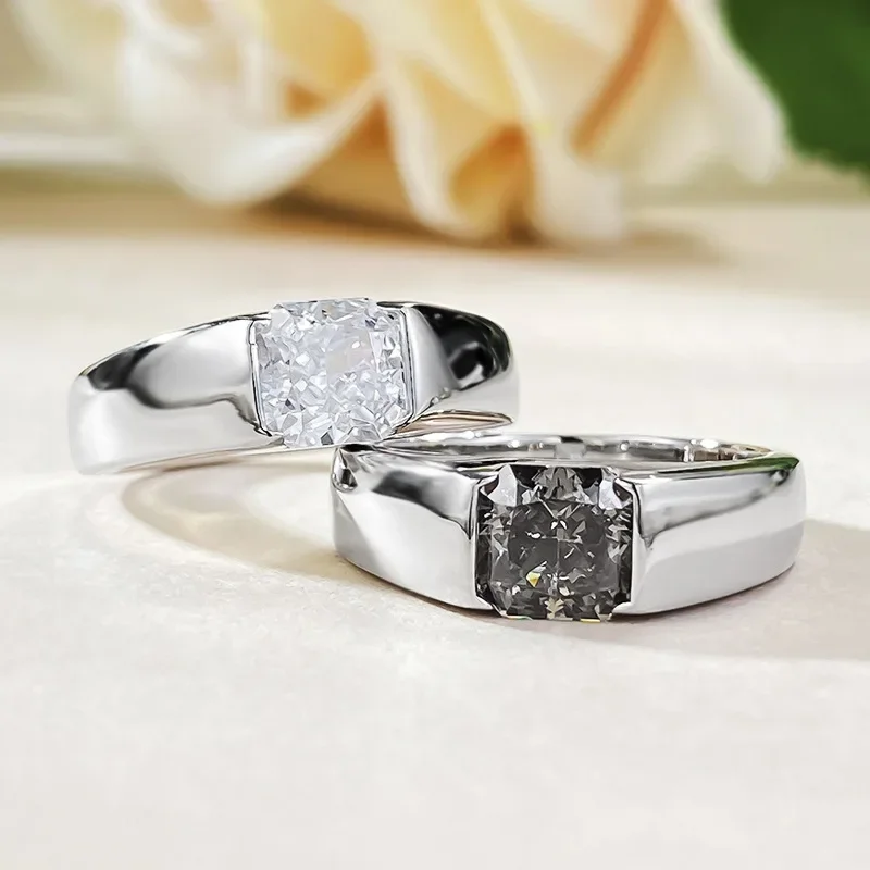 

925 Sterling Silver 6*6MM Radiant Cut White Grey High Carbon Diamond Ring Wedding Bands 18K White Gold Plated Jewelry