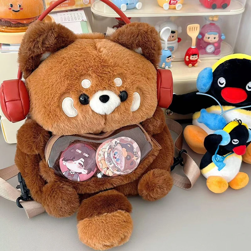 2026 Spring Cute Cartoon Earphones Little Raccoon Doll Plush Backpack Soft Cute Versatile Commuter JK Backpack Trend