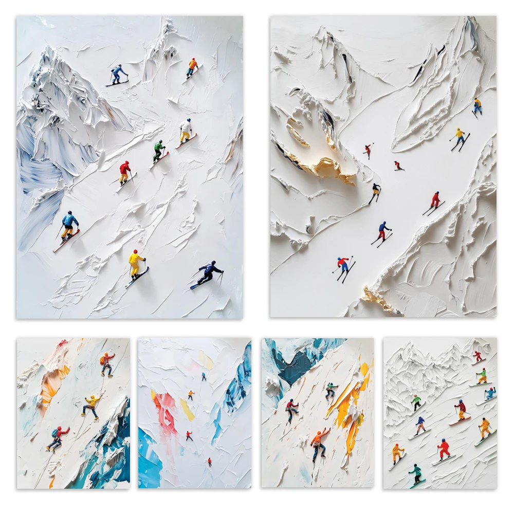 People skiing in snowy mountains, winter abstract landscape painting, adventure hike, skiing art, rock climbing travel poster