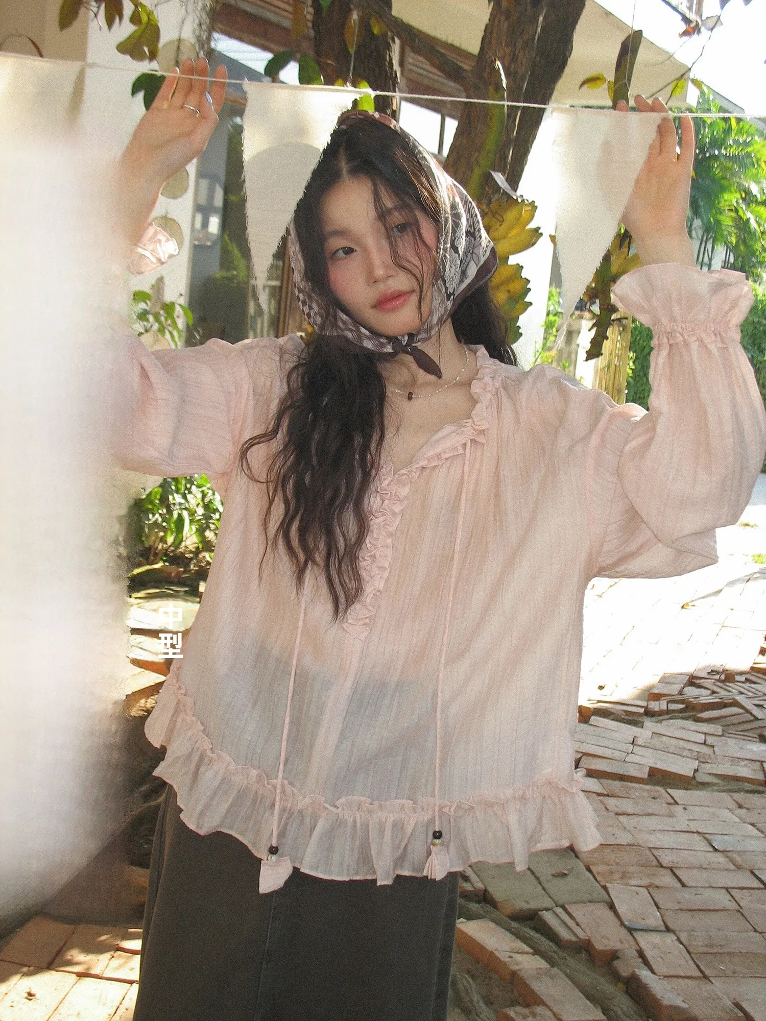 

Princess Style Long Sleeve Shirt Women's Summer Thin Micro Transparent Wood Design Sense Blouse Loose Fit V Neck