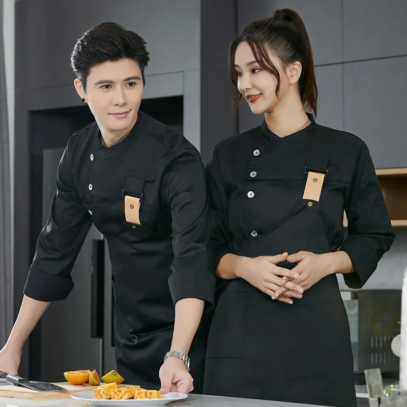 Men black Chef Coat  short Sleeve Chef Jacket Apron for Summer Head Chef Uniform Restaurant Hotel Kitchen Cooking Clothes