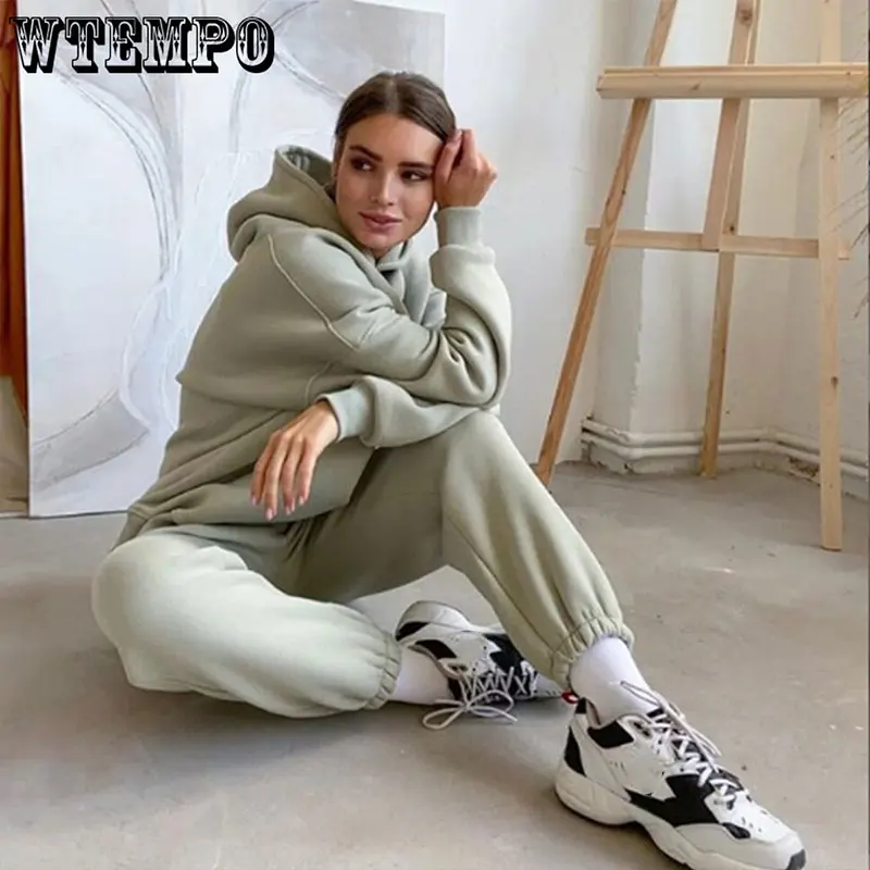 

WTEMPO Thickened Hooded Sweatshirts Suit Autumn Winter Sports Casual Two Piece Set Warm Tapered Pants Tracksuit Womens Outifits